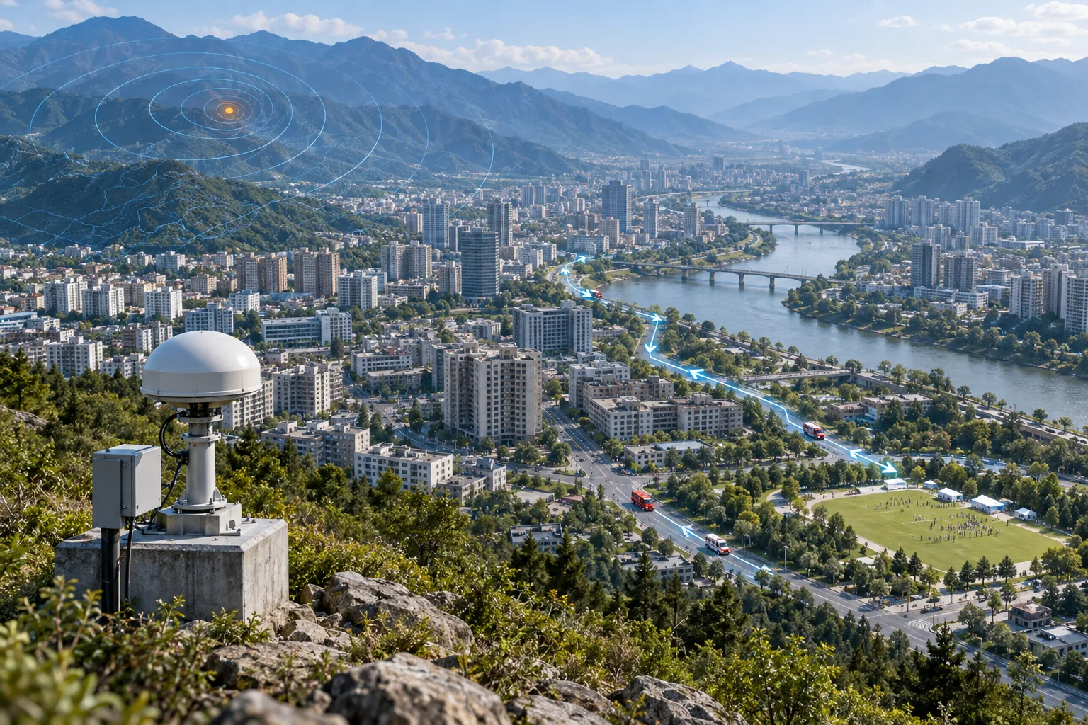 地震应急场景示意:监测设备、震中范围、应急路线与集结场地