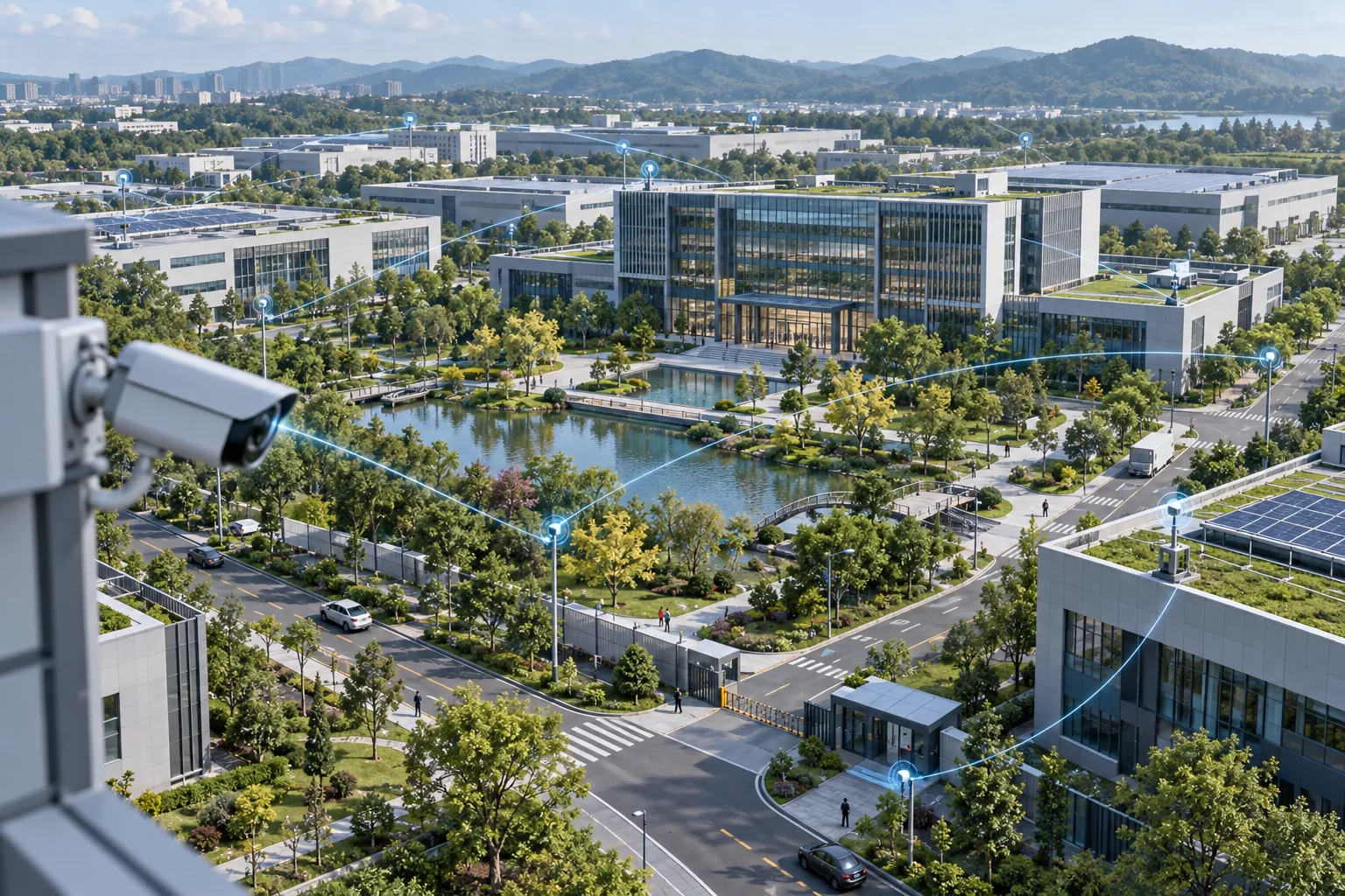 智慧园区场景示意:园区建筑、摄像头与物联网设备联动