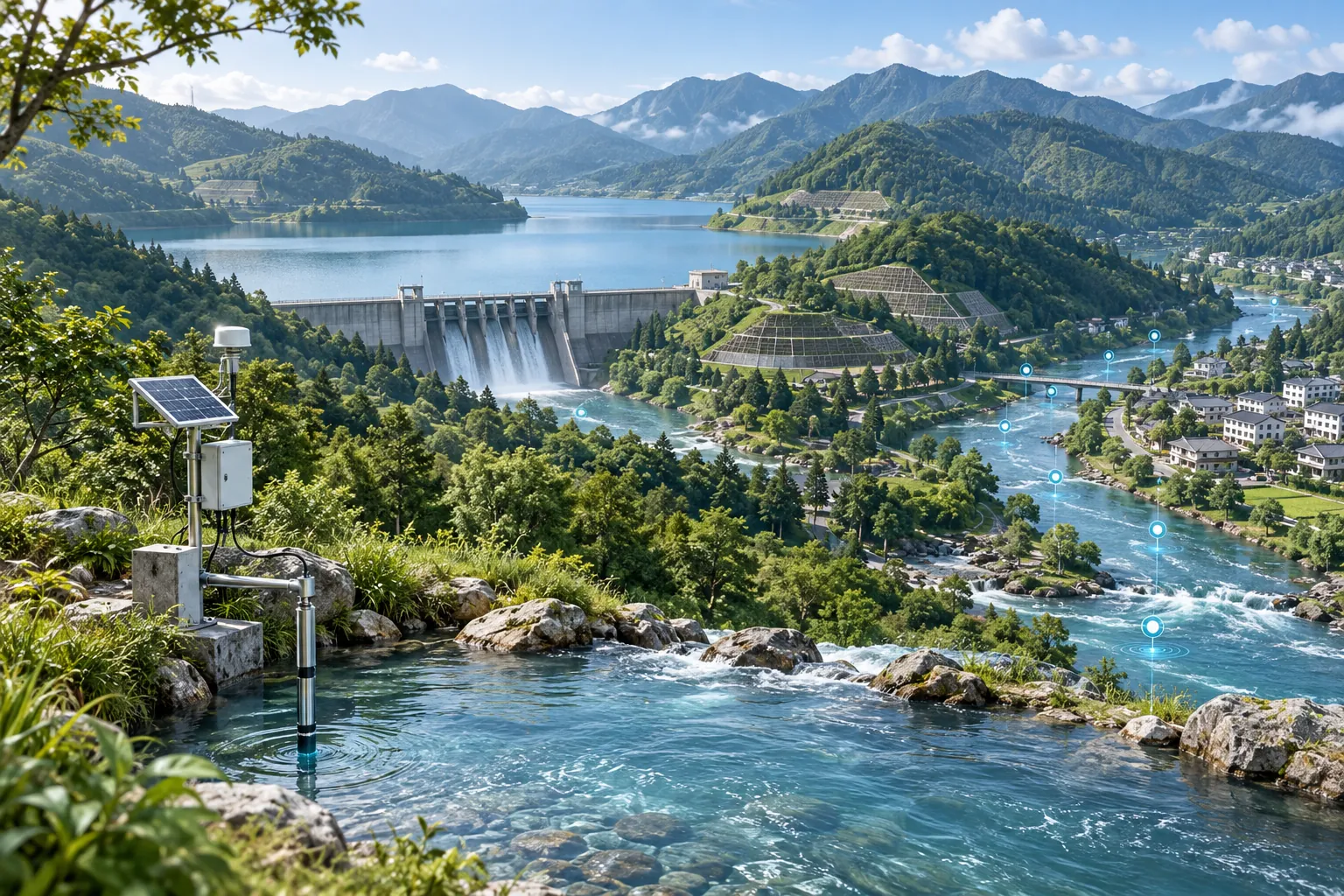 流域水资源监管场景示意:水库、河流、水土保持坡面与水质监测设备